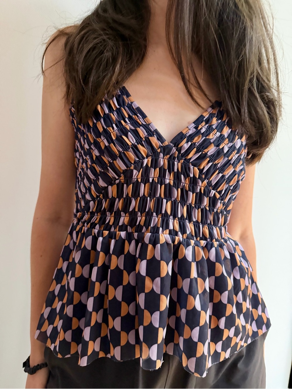 Anthropologie Mesh V-Neck Tank Top Blue Motif Smocked Peplum Cami Small